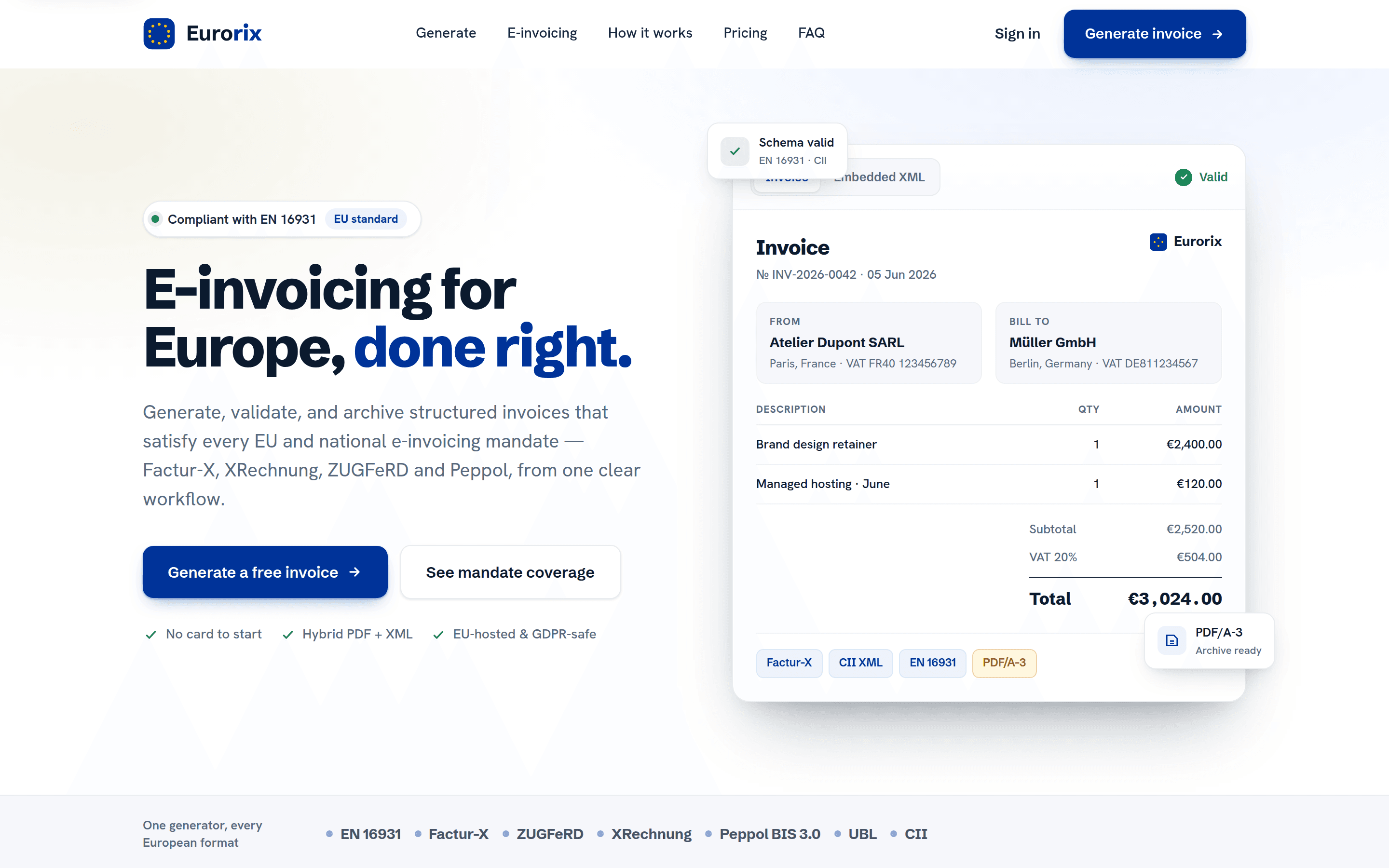 Eurorix landing page with a live EN 16931 invoice preview