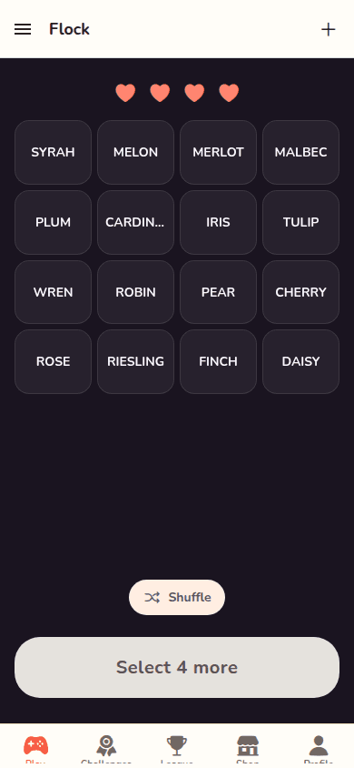 Flock gameplay: a 4x4 word grid waiting to be grouped into flocks