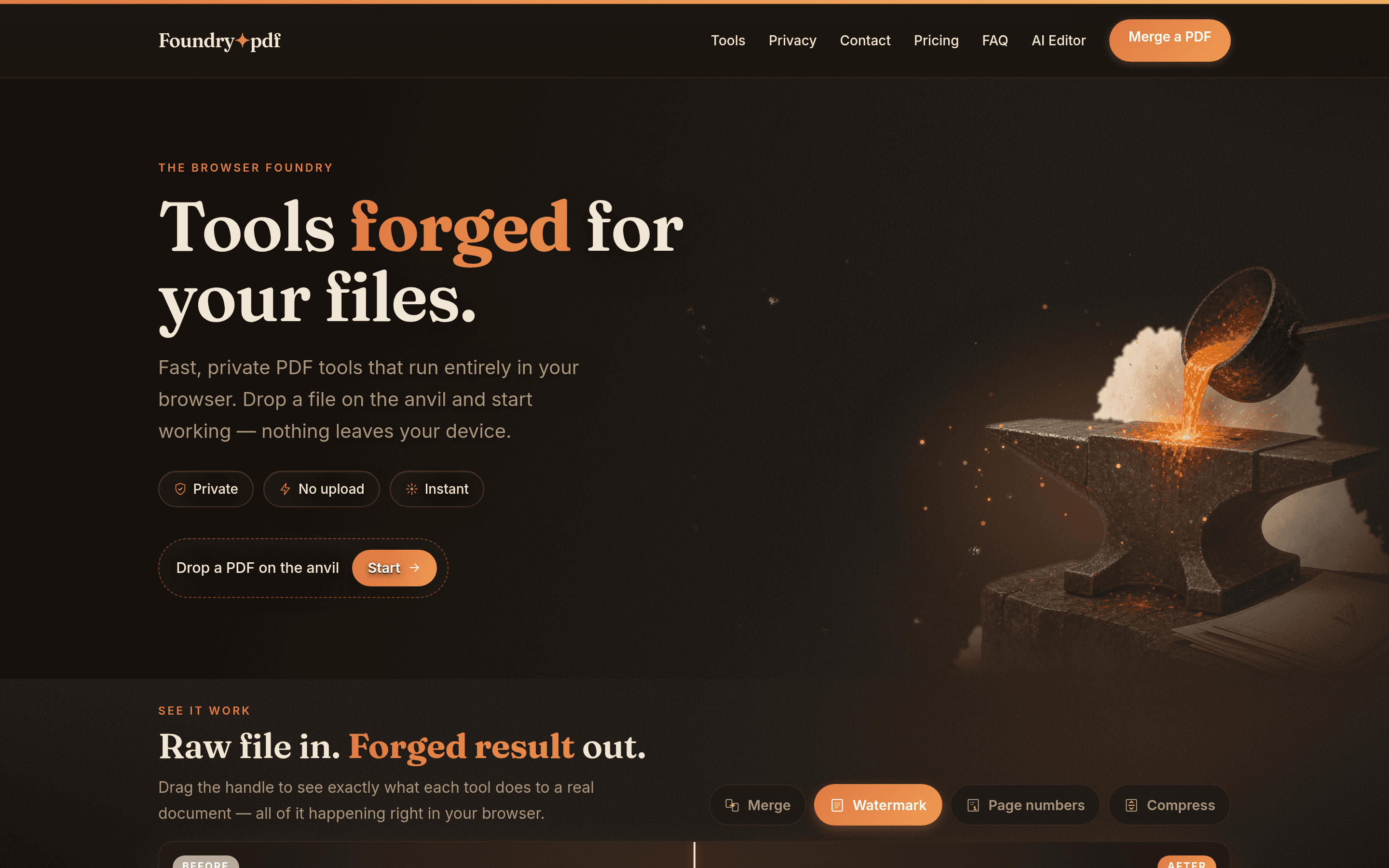 FoundryPDF landing page with molten metal pouring onto an anvil