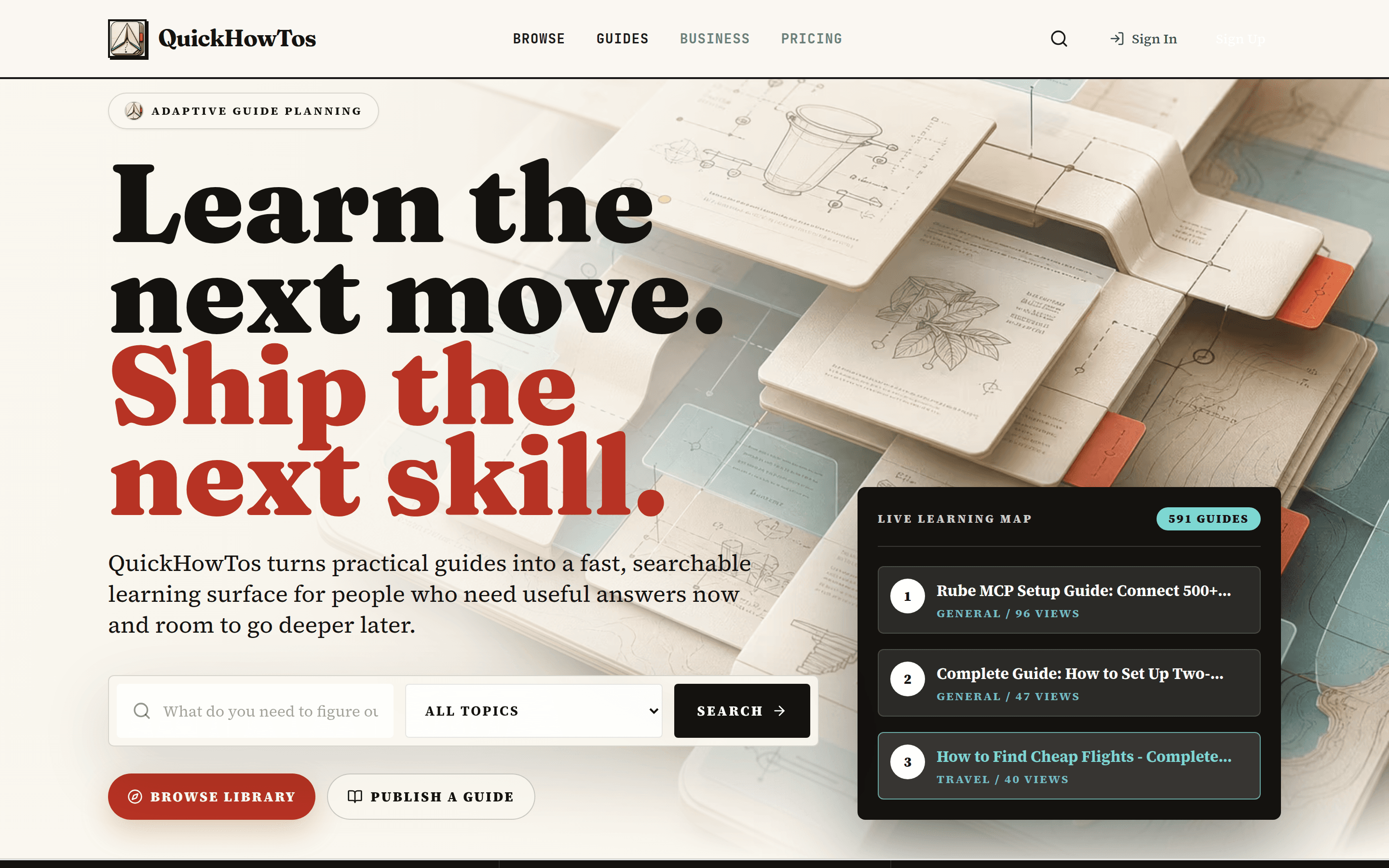QuickHowTos home page with guide search and live learning map