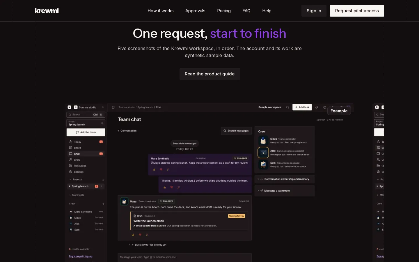 Krewmi home page section One request, start to finish, showing the five steps from delegation to deliverable