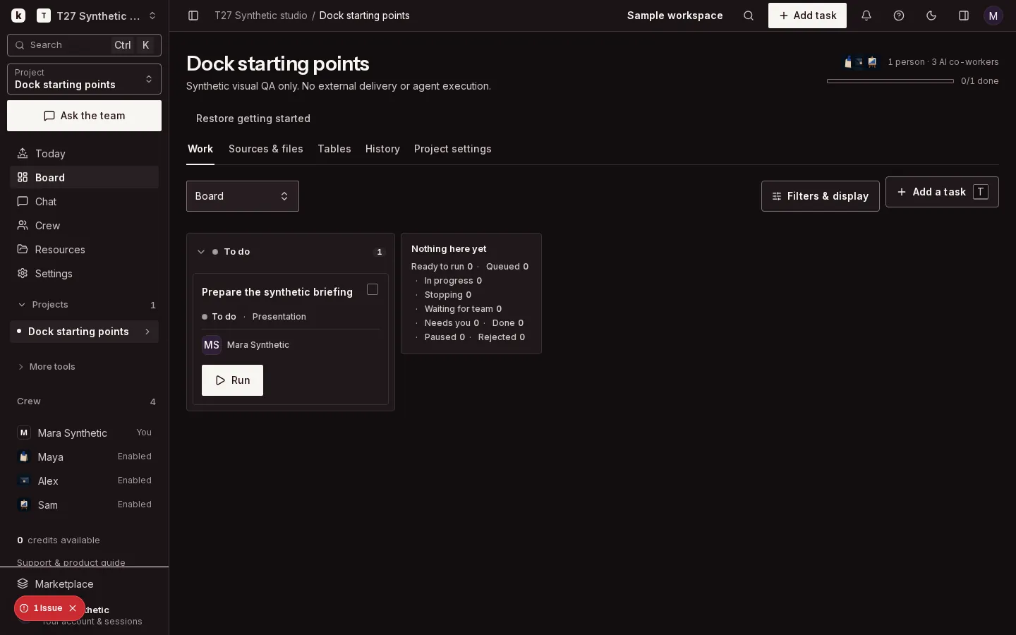Krewmi task board with columns of tasks, each assigned to a named human or AI owner