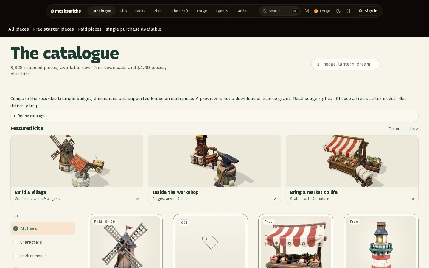 Meshsmiths catalogue filtered by kit, triangle budget and family
