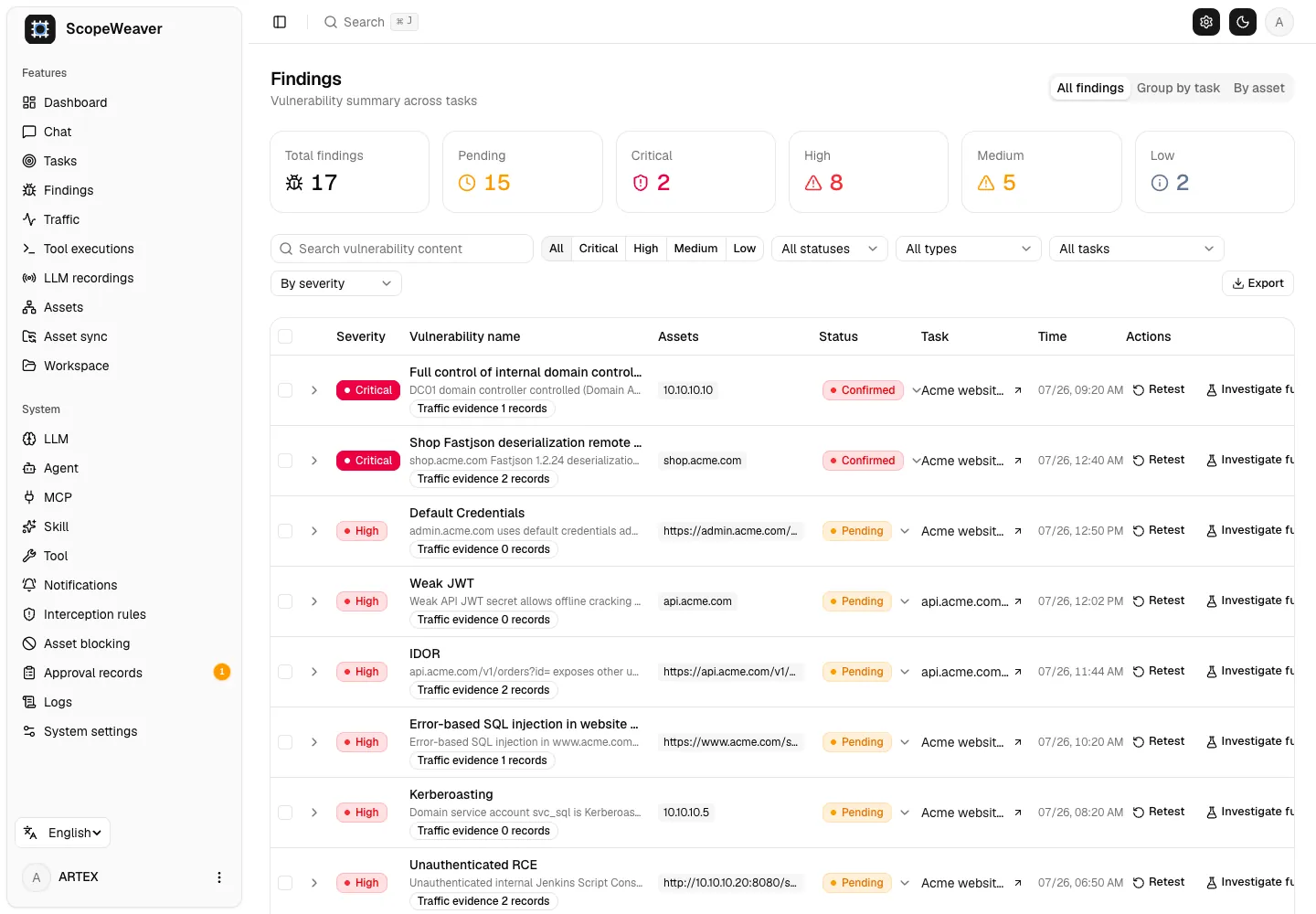 Secrit findings view listing findings with severity and status using demonstration data
