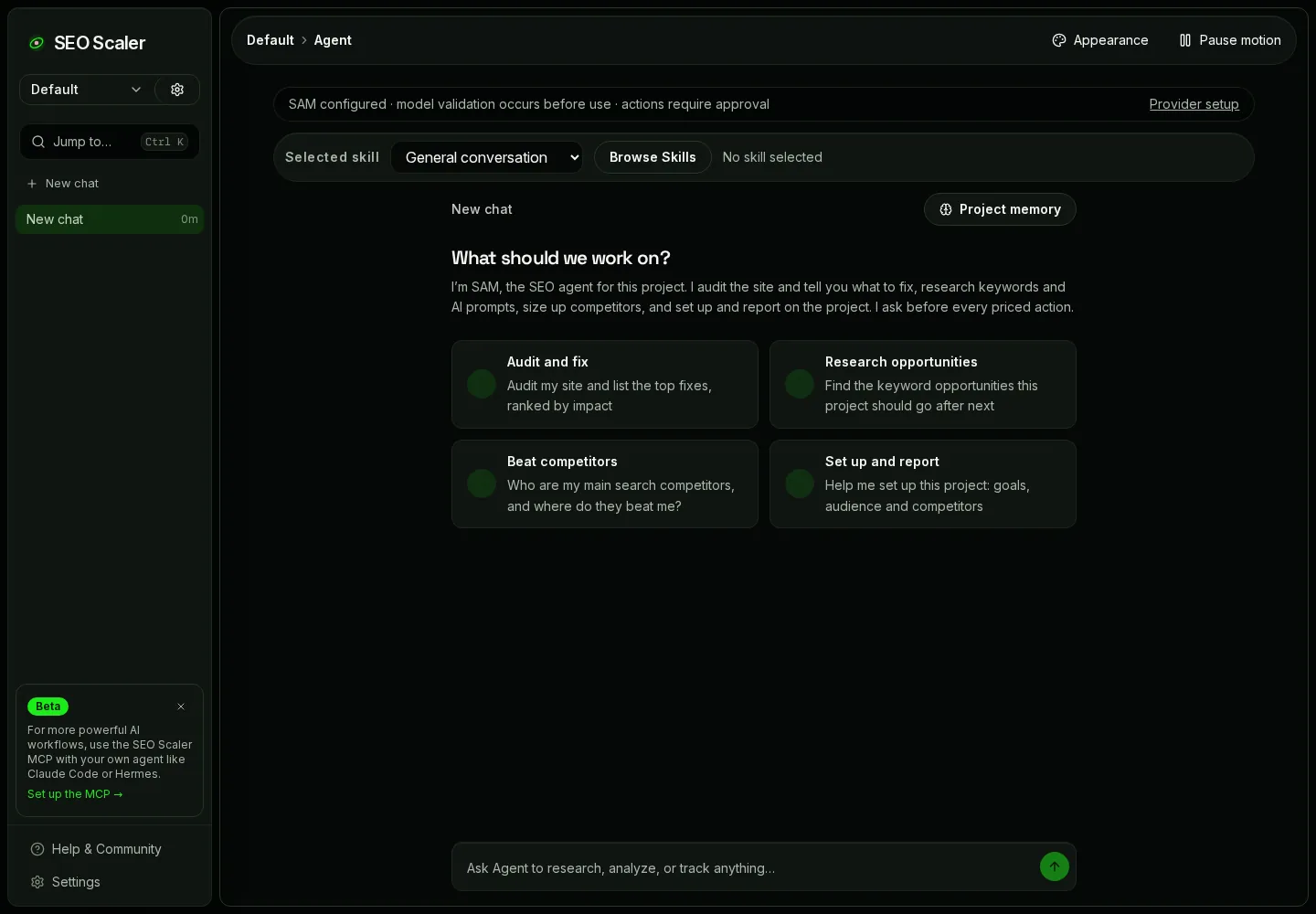 SEO Scaler agent workspace where SAM proposes a research step with its cost