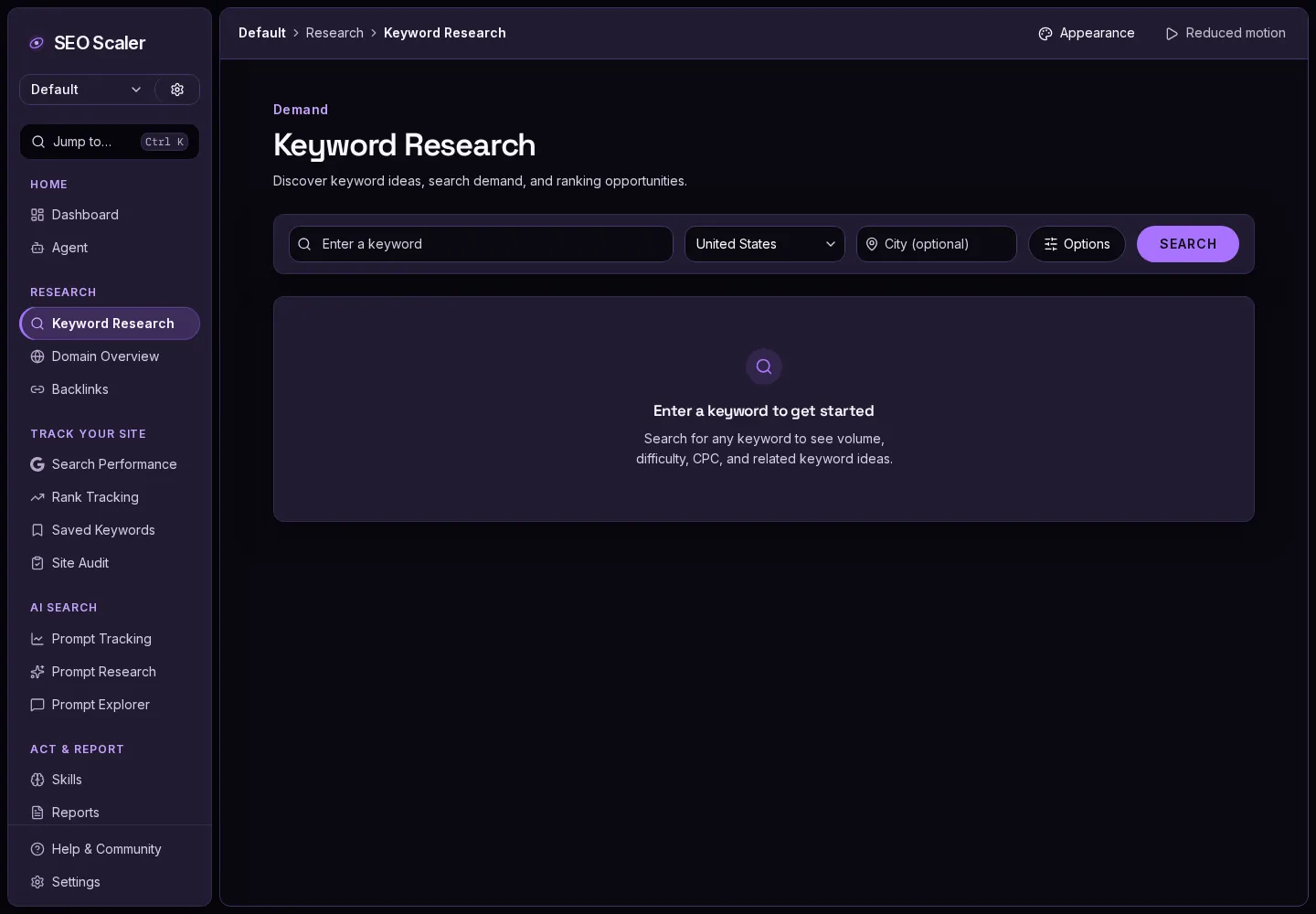 SEO Scaler keyword research table with search volume, difficulty and source columns