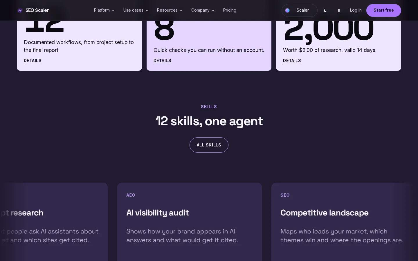 SEO Scaler skills list with AEO, SEO and reporting categories